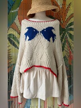 Free People Cream Off-Shoulder Sweater with Blue Motif and Red Trim